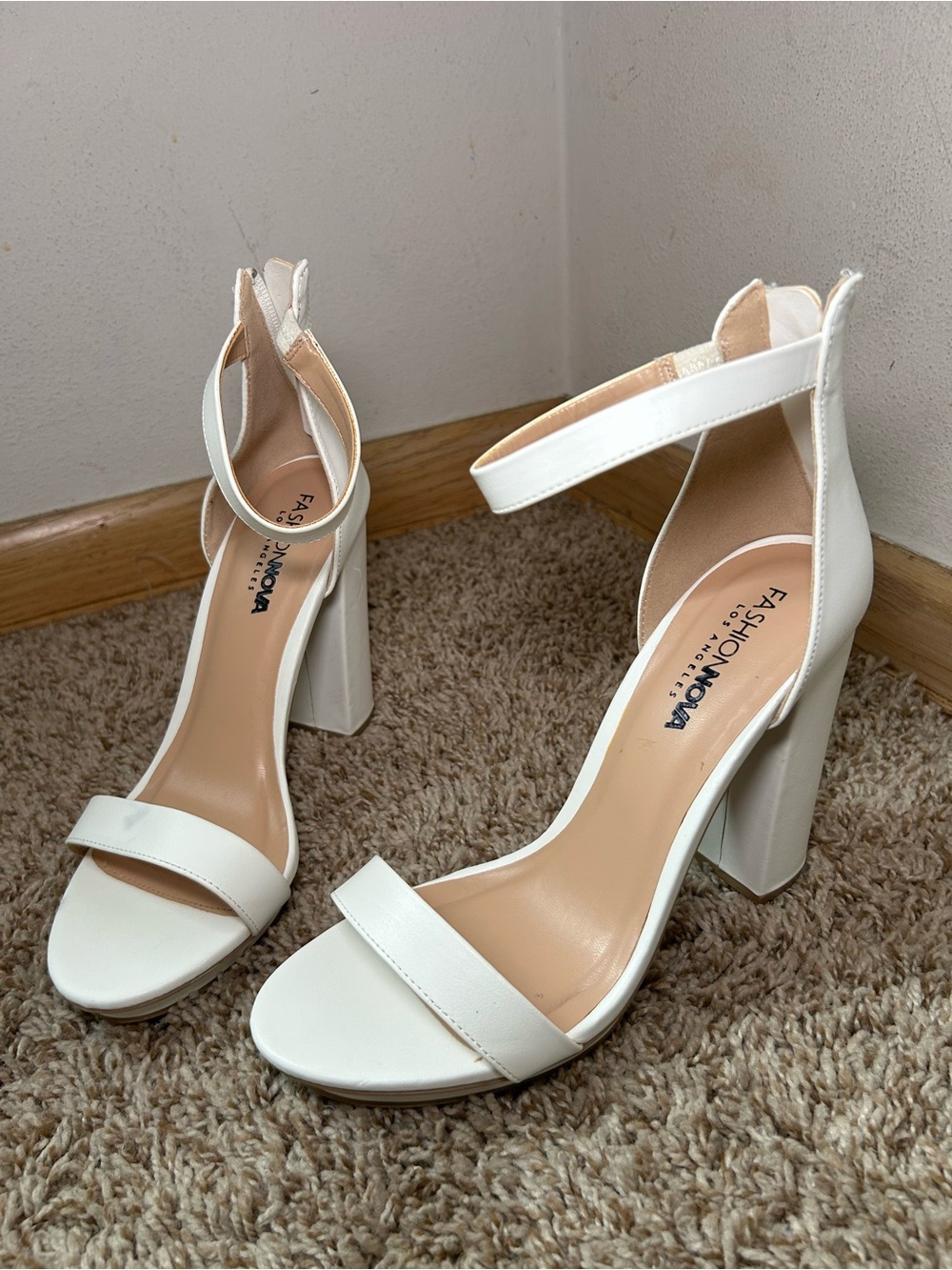 Fashion Nova Ivory Block Heel Ankle Strap Sandals